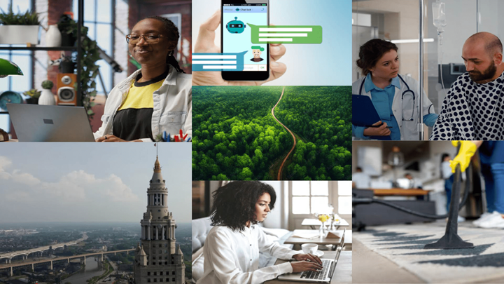 Collage of businesspeople and scenery.