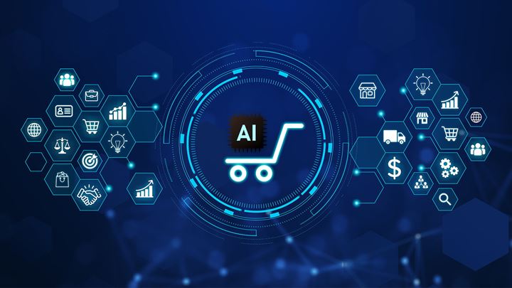 A graphic of a shopping cart with "AI" inside of it.