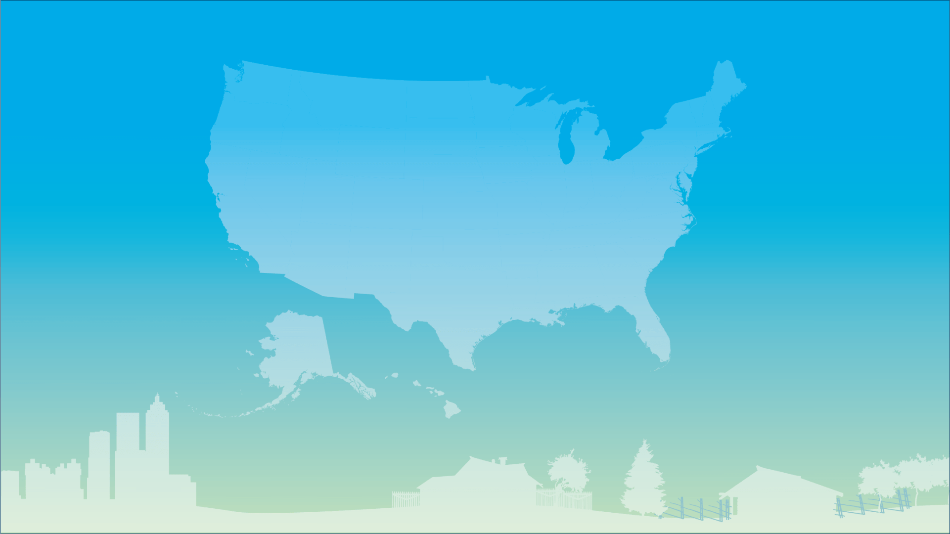Gradient background with map of the United States and an outline of a city and rural area at the bottom