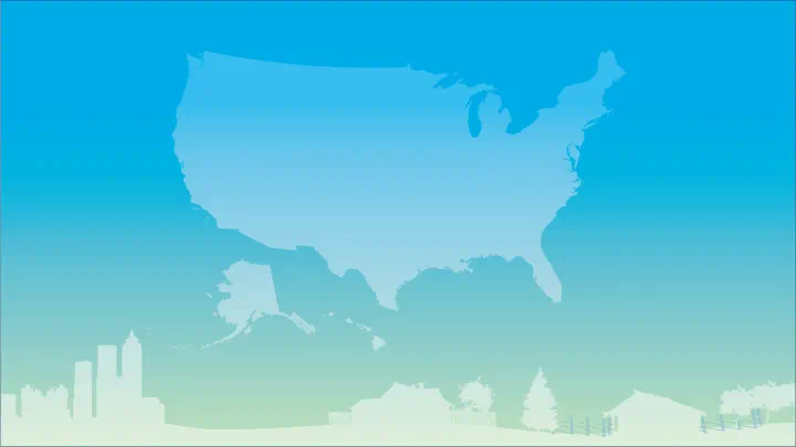 Gradient background with map of the United States and an outline of a city and rural area at the bottom