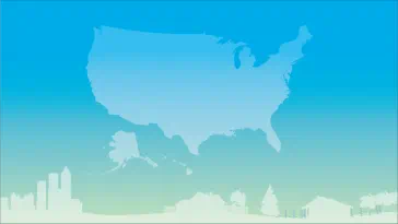 Gradient background with map of the United States and an outline of a city and rural area at the bottom