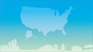 Gradient background with map of the United States and an outline of a city and rural area at the bottom