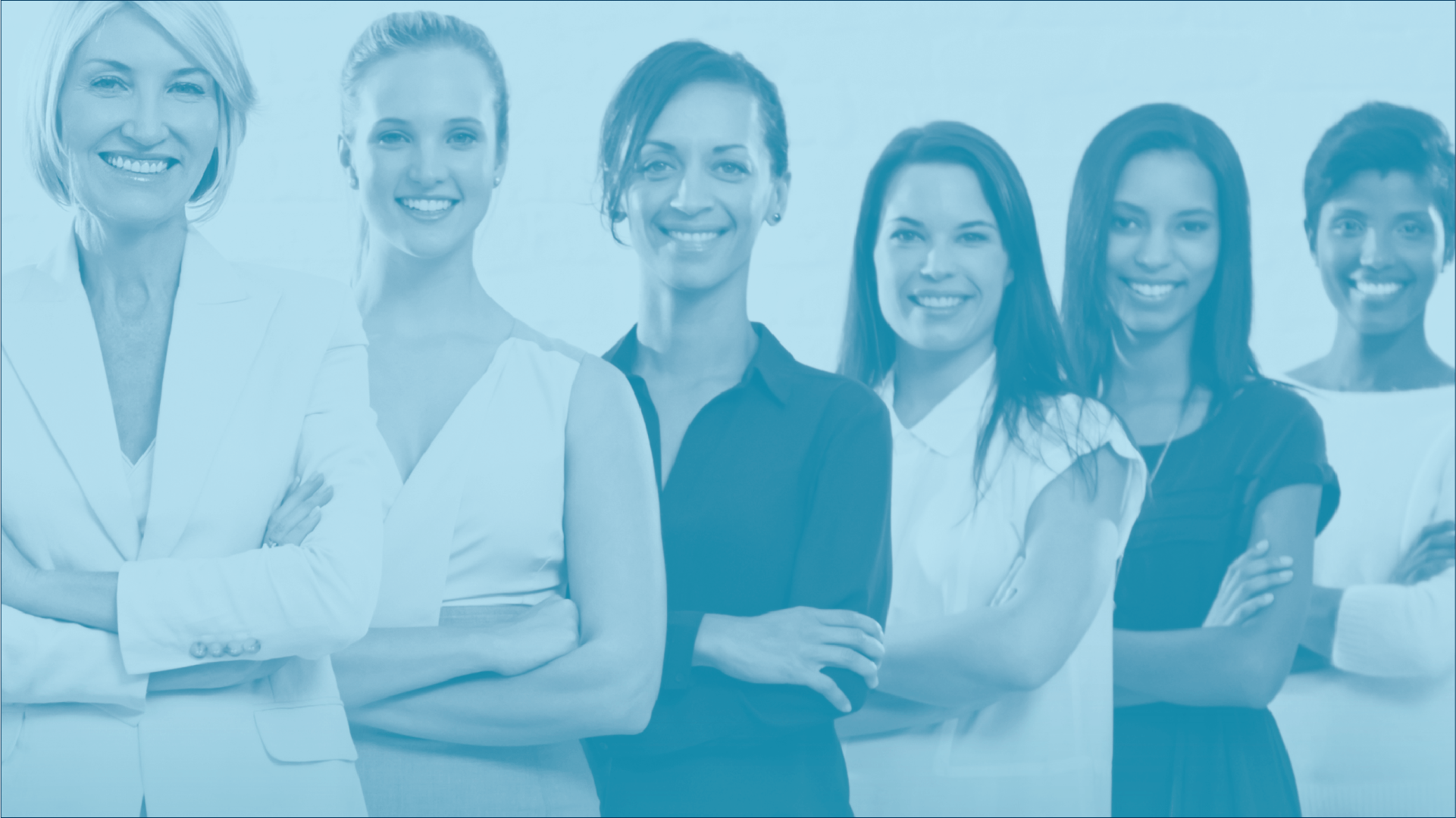 Blue opaque overlaying an image of women with their arms crossed smiling