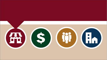 Business icons on a tan and maroon background