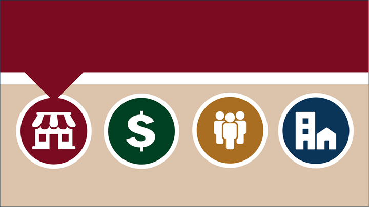 Business icons on a tan and maroon background