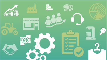 Business icons on a gradient background