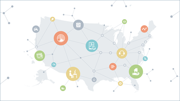 Business icons connected to each other on the us map
