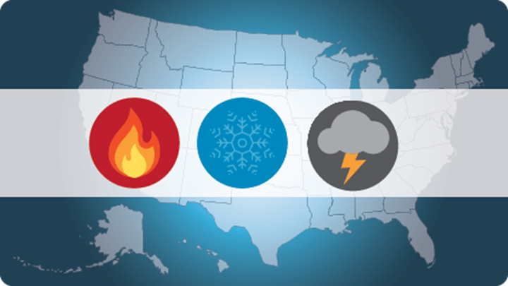 Map of the United States with graphics of fire, a snowflake, and a storm cloud overlaid.
