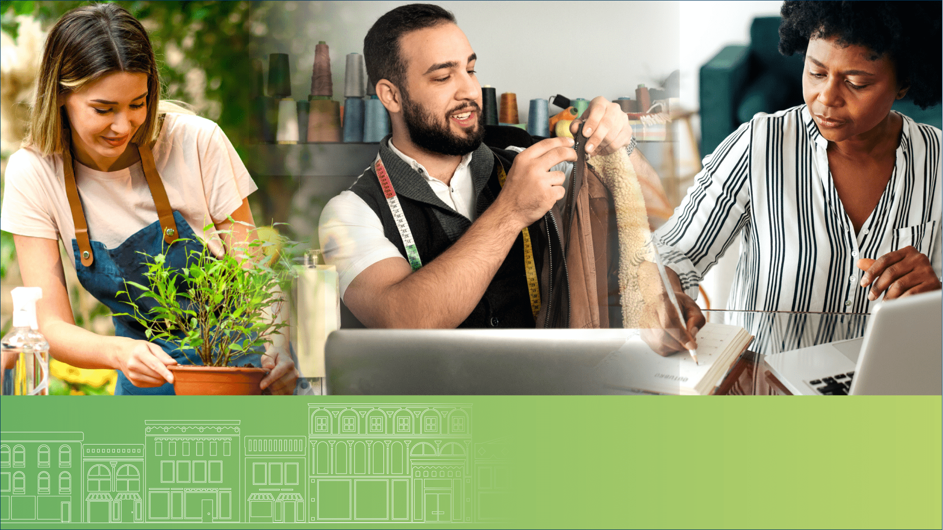 Business owners tending to a plant, tailoring and working on financials