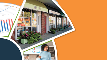 A collage of a small business storefront, a graph, and a woman giving a presentation in front of an orange background.