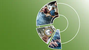 Collage of three images: two people at a coffee shop, a hand holding a magnifying glass, and someone typing on a keyboard.