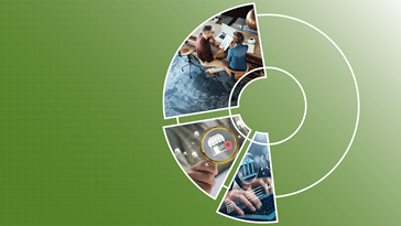 Collage of three images: two people at a coffee shop, a hand holding a magnifying glass, and someone typing on a keyboard.